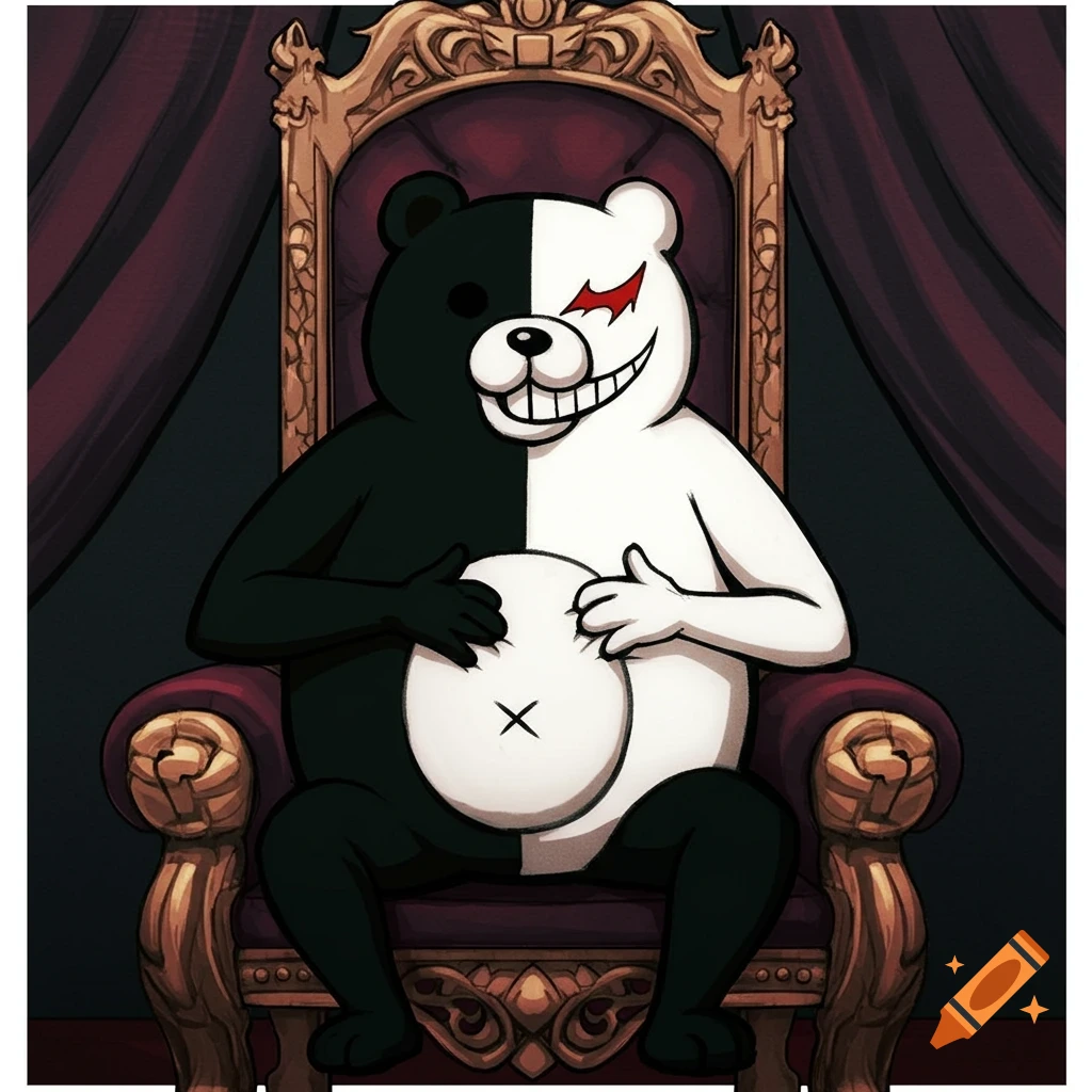 Monokuma, the black and white bear character, sits on an ornate golden throne, rubbing his belly in the Danganronpa art style.
