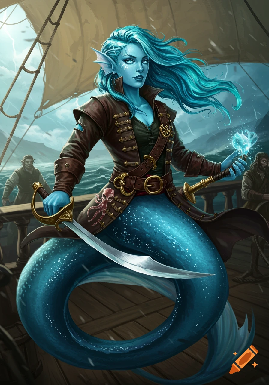 A blue-skinned female triton pirate first mate stands on a ship deck, holding a cutlass and glowing magic.