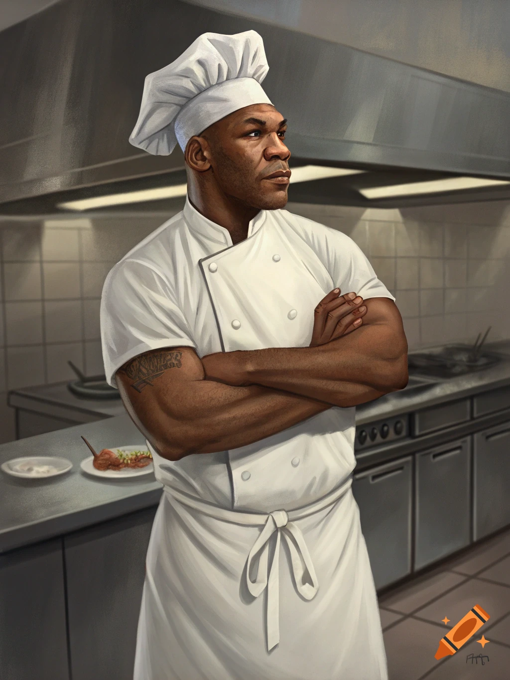 A man resembling Mike Tyson, dressed in a white chef's uniform, stands with arms crossed in a kitchen. The image has a painted art style.