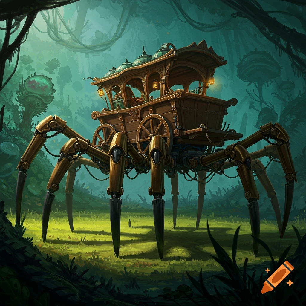 A steampunk-style wooden cart with intricate mechanical spider legs stands in a lush, fantastical forest.