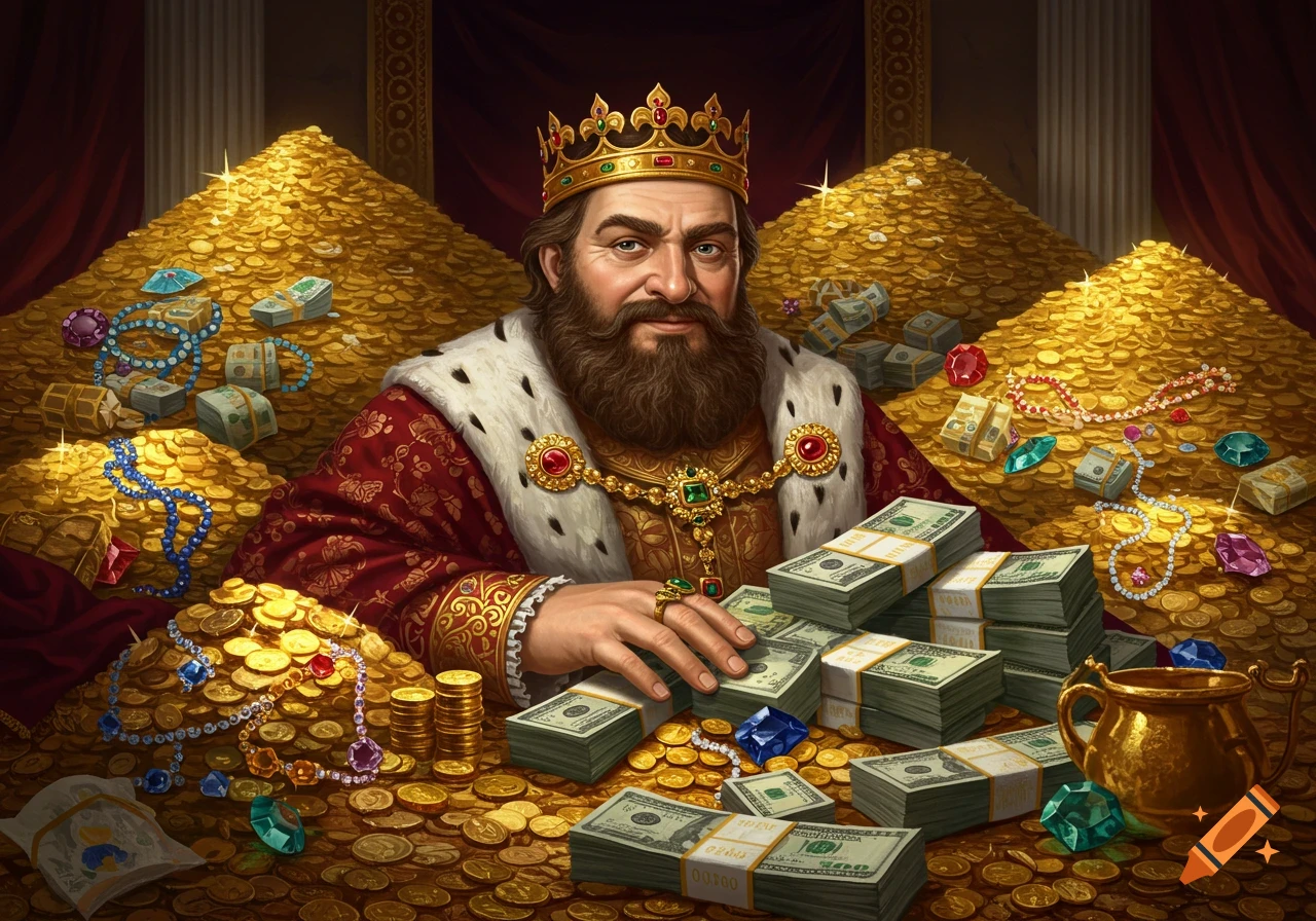 A king with a beard wearing a crown and royal robes sits at a table overflowing with gold coins, jewels, and stacks of money.