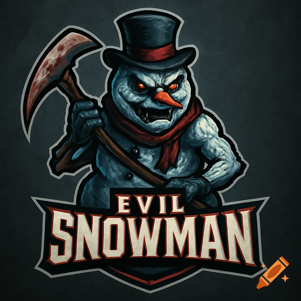 An evil snowman with glowing red eyes, sharp teeth, and a bloody scythe, depicted in a sports logo style with 'EVIL SNOWMAN' text.