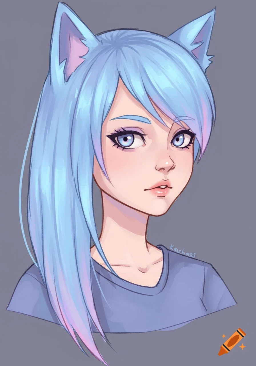 Anime portrait of a girl with light blue hair, pink and lavender streaks, and cat ears.