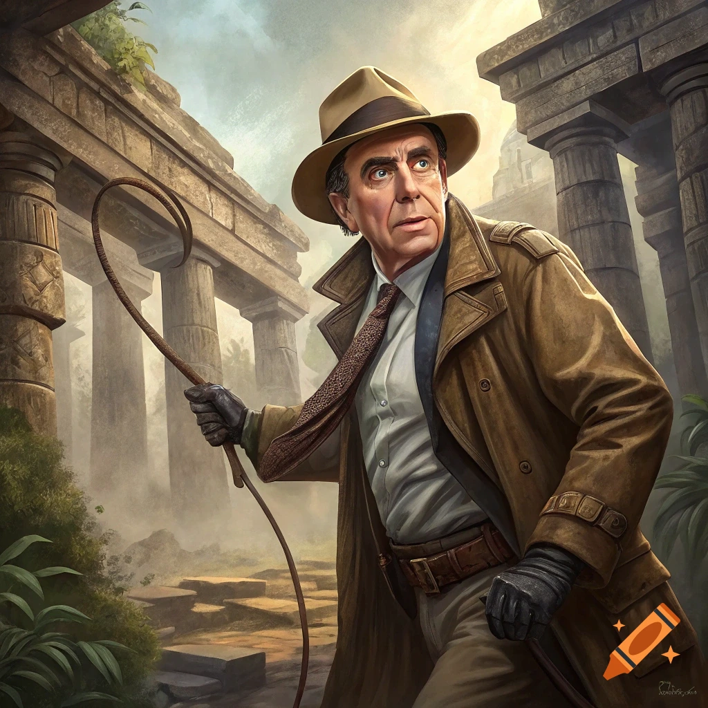 A man resembling Senator Bob Dole in an Indiana Jones-style outfit, holding a whip, stands amidst ancient ruins.