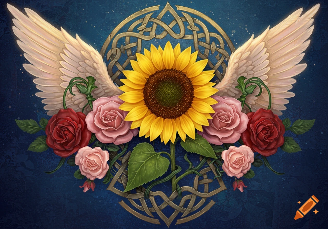 Detailed illustration of a sunflower, red and pink roses, and white angel wings over a golden Celtic knot design on a dark blue background.