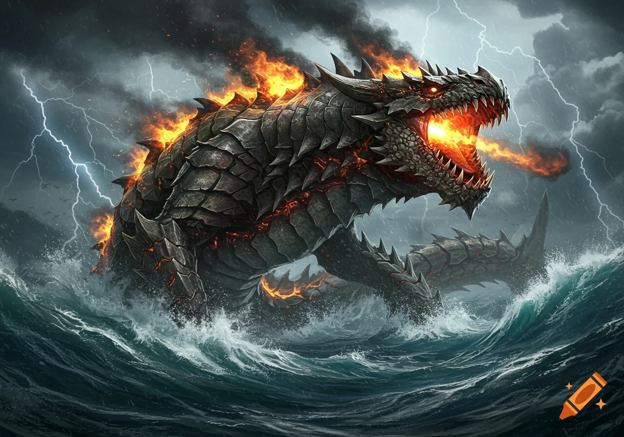 A massive, armored dragon-like creature with glowing eyes and fiery breath emerges from a stormy, lightning-filled ocean.