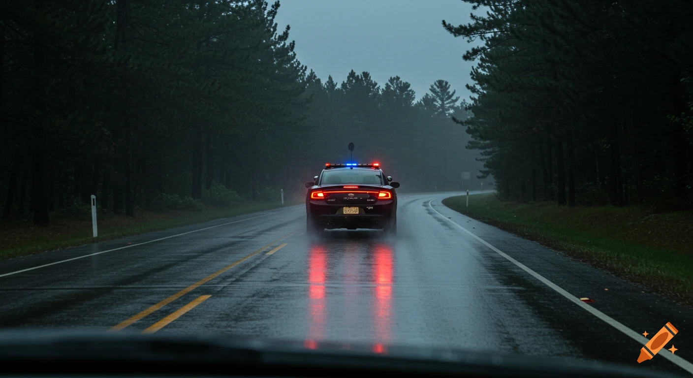 A black police car with flashing lights drives on a wet, pine-lined country highway at dusk, its reflections visible on the road.