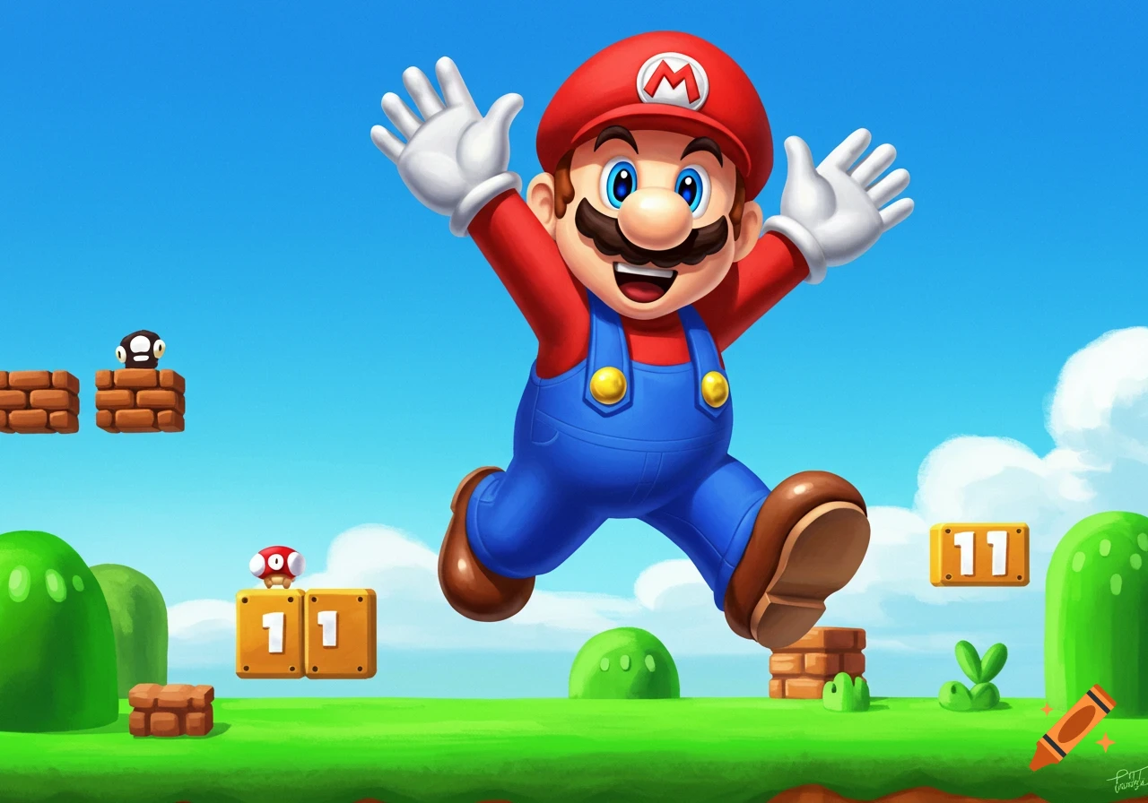 Super Mario jumping in a vibrant video game world with green hills and brick blocks.