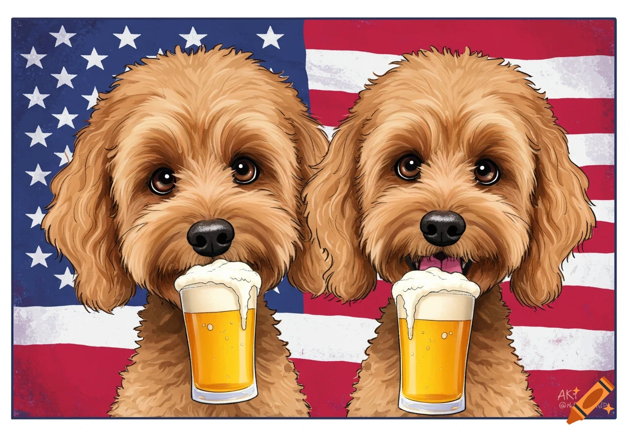 Caricature illustration of two golden doodle dogs holding beer glasses with foam, against an American flag background.