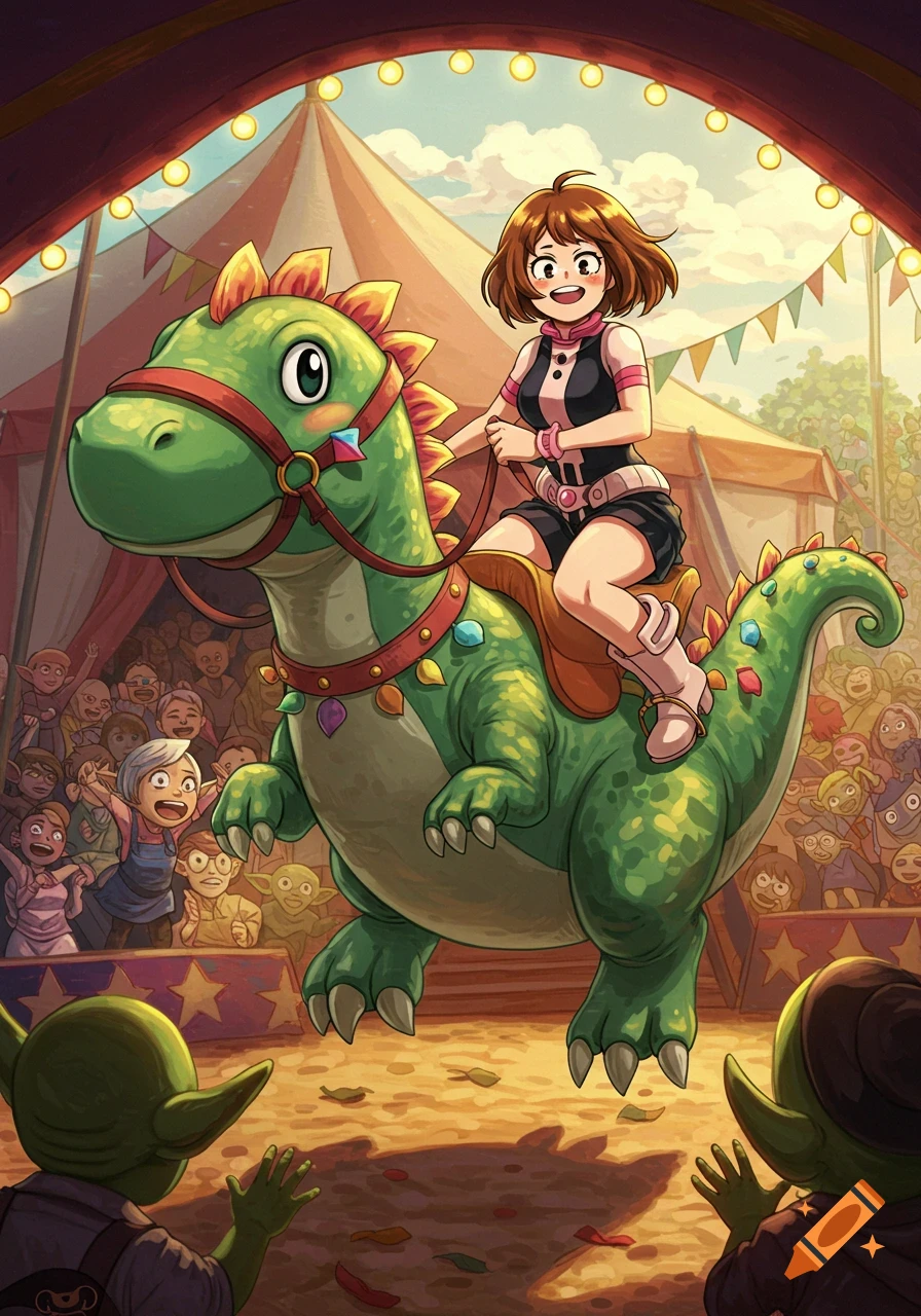 Anime girl Uraraka riding a friendly green dinosaur in a colorful circus tent with a cheering crowd.