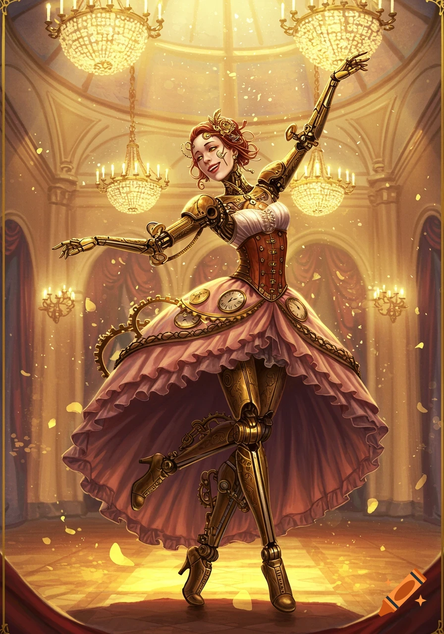 A steampunk clockwork maiden in a pink dress dances in a grand ballroom under chandeliers.