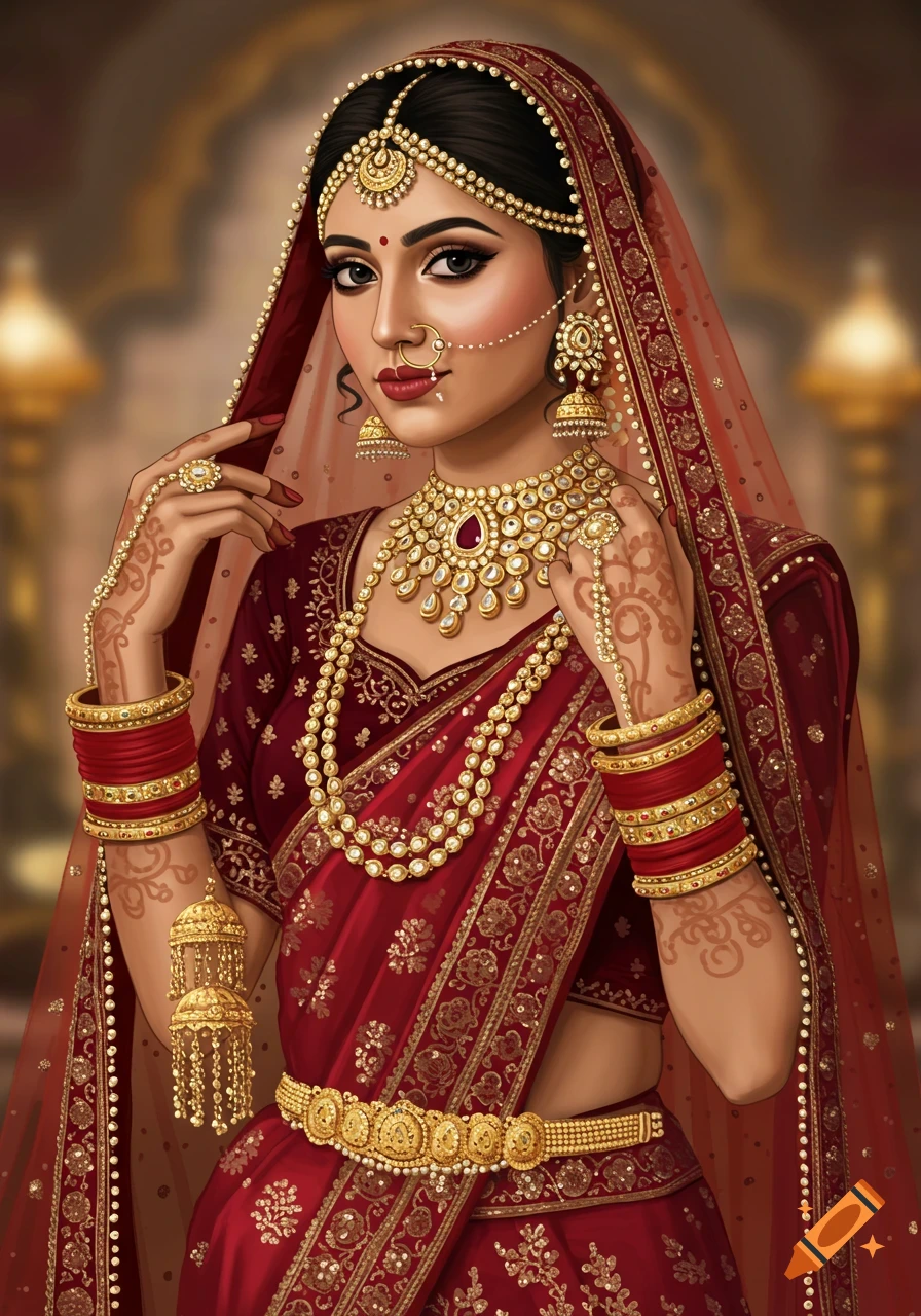 A stunning traditional Indian bride in a deep red saree with intricate gold embroidery and elaborate gold and gemstone jewelry.