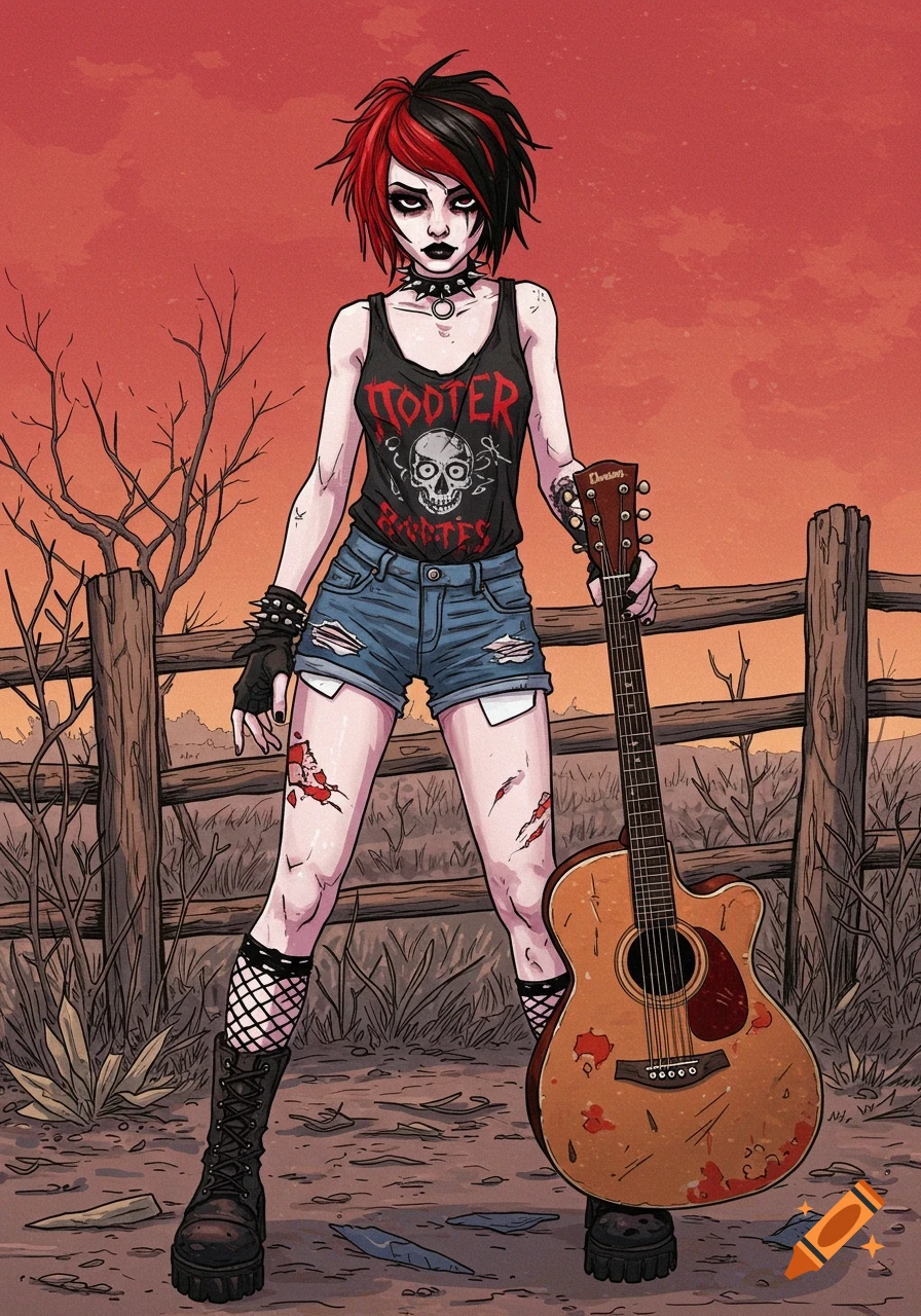 An emo-style girl with red and black hair, ripped clothes, and platform boots, holding a distressed acoustic guitar in a desolate, rural setting.