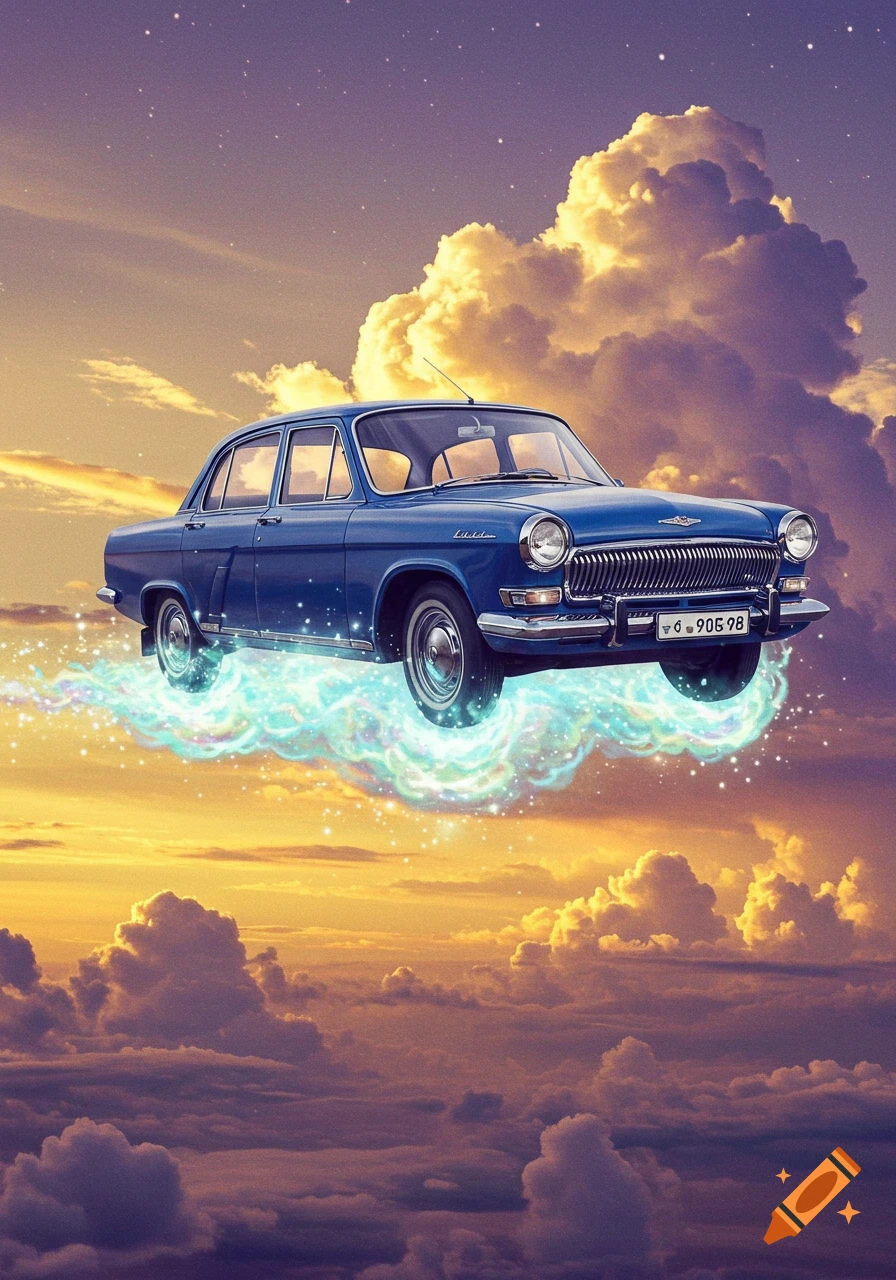 A blue vintage GAZ Volga car with glowing blue energy around its wheels flies through a vibrant sky filled with orange and purple clouds.