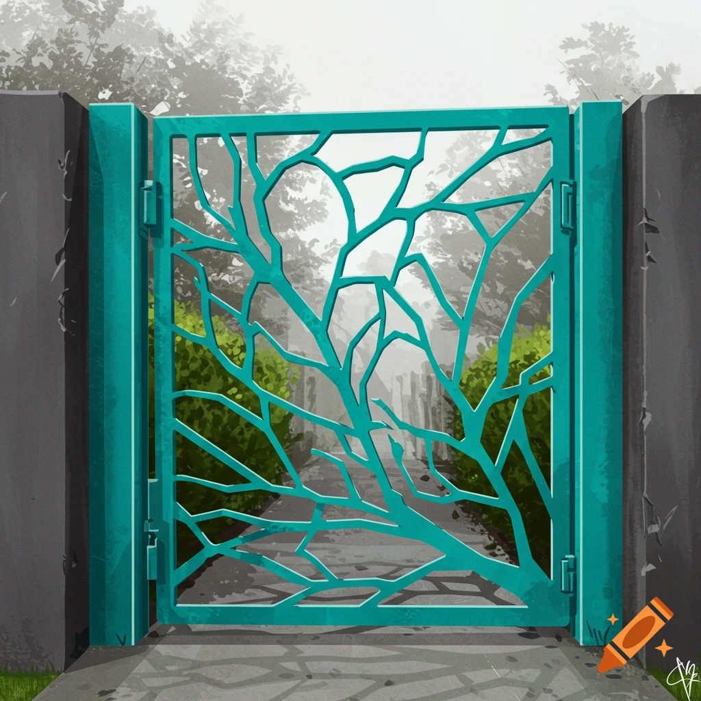 A teal garden gate with a modern geometric branch design stands between grey pillars, leading into a misty, tree-lined path.