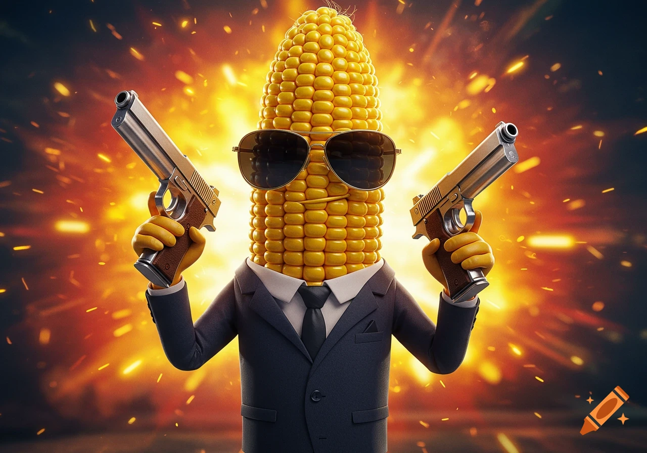 Anthropomorphic corn cob in a suit and sunglasses holding two pistols in front of an explosion.