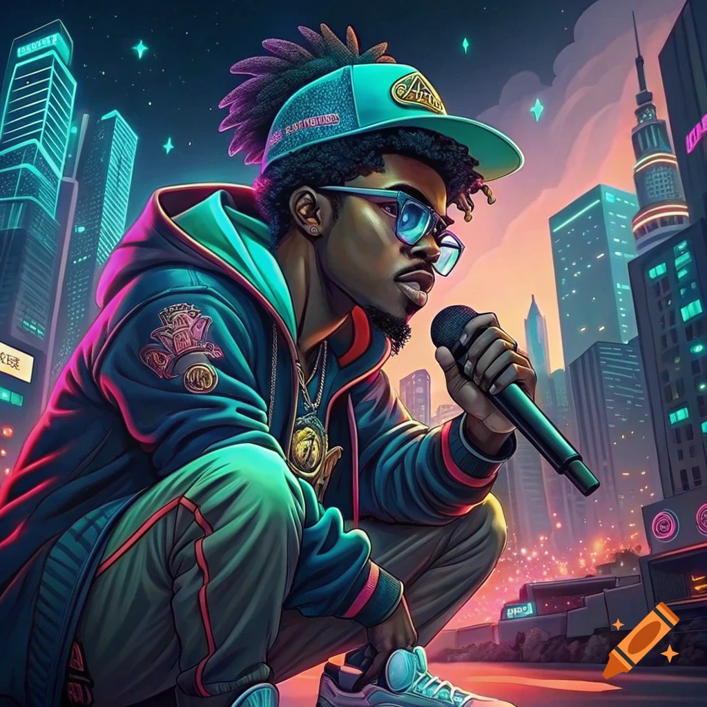 A stylized image of a male rapper crouching with a microphone in a vibrant, neon-lit cyberpunk city at night.