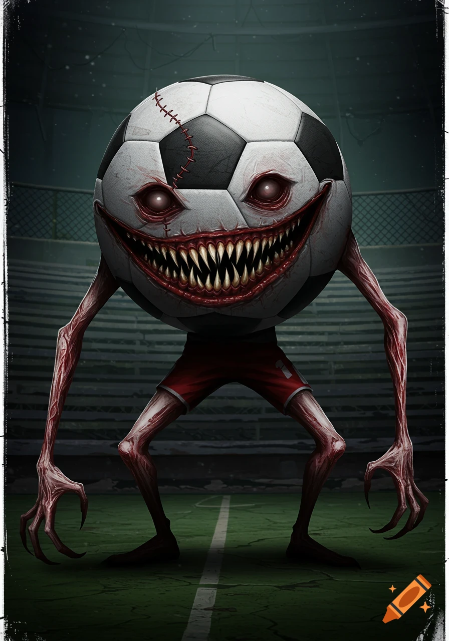 A creepy anthropomorphic soccer ball creature with glowing red eyes and sharp teeth stands on a soccer field at night, wearing red shorts.