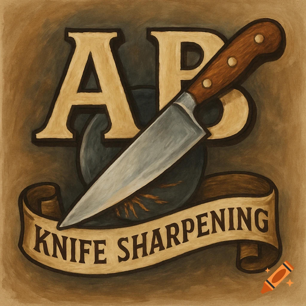 A vintage-style logo featuring a large chef's knife over the letters "AB", with a banner reading "KNIFE SHARPENING".
