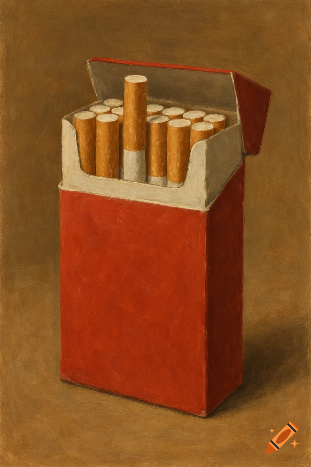 Still life painting of an open red cigarette pack with a few cigarettes standing taller, set against a brown background.