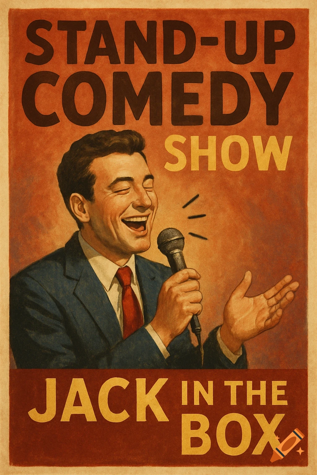Vintage-style poster featuring a man laughing with a microphone, advertising a stand-up comedy show at Jack in the Box.