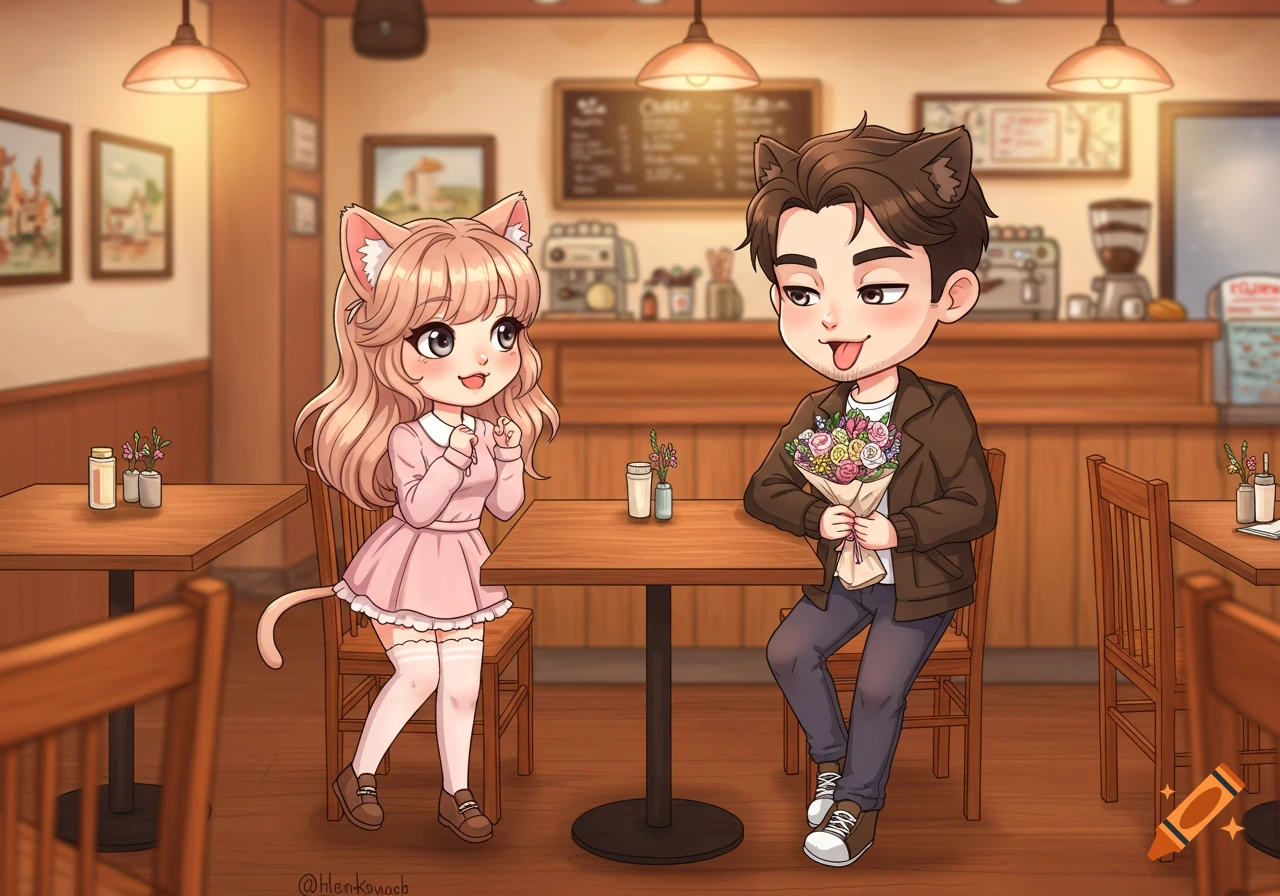 A chibi-style anime illustration of a woman with cat ears and tail and a man with cat ears on a date in a cafe, with the man holding flowers.