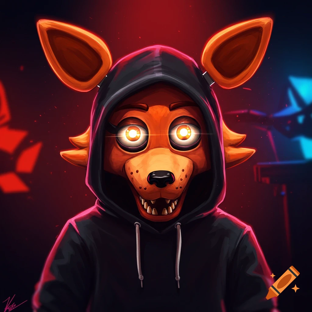 An orange fox character, resembling Foxy from FNAF, wearing a black hoodie with glowing yellow eyes against a dark, red and blue background.