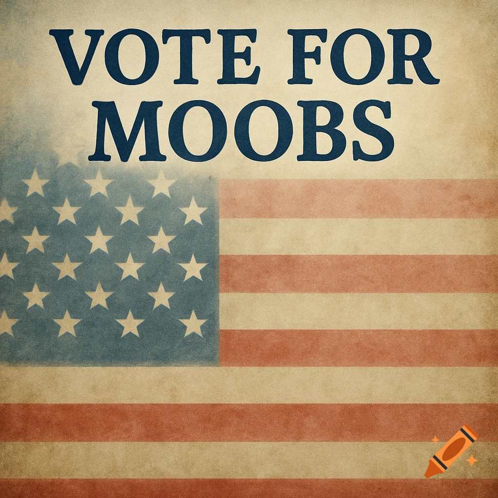 Vintage-style American flag with faded colors and text 'VOTE FOR MOOBS'.