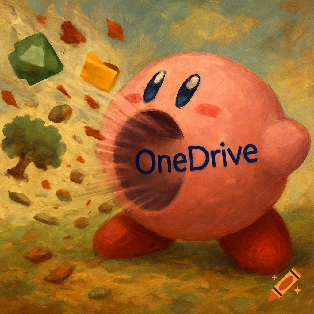 Kirby sucking various objects, with the word OneDrive written across his mouth, in a painterly style.