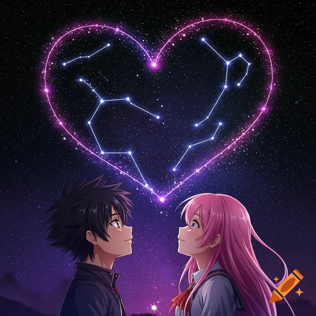 Two anime characters, a boy and a girl, gaze up at a glowing pink heart-shaped constellation against a starry purple night sky.