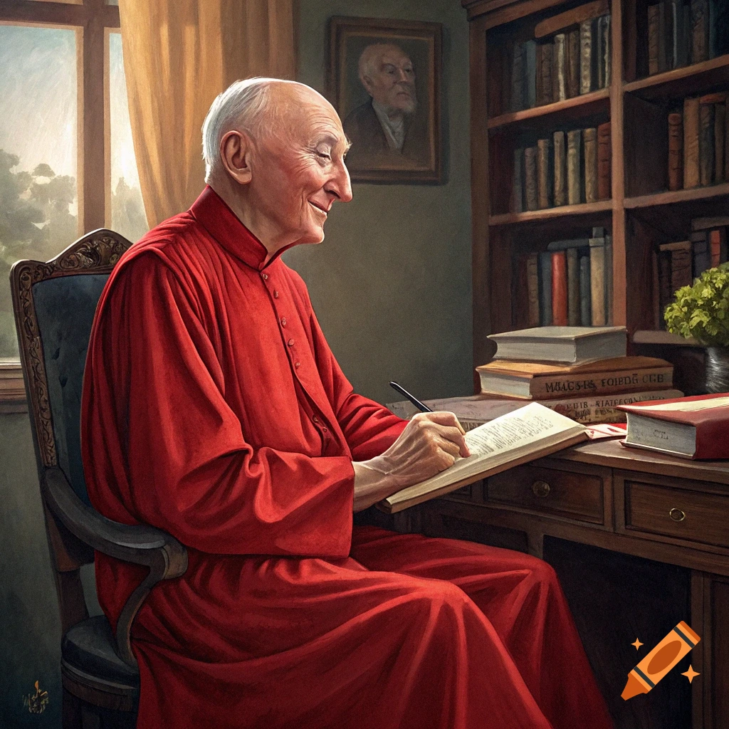 An old man in a red robe sits at a wooden desk in a study, writing in a book. A bookshelf filled with books is behind him.