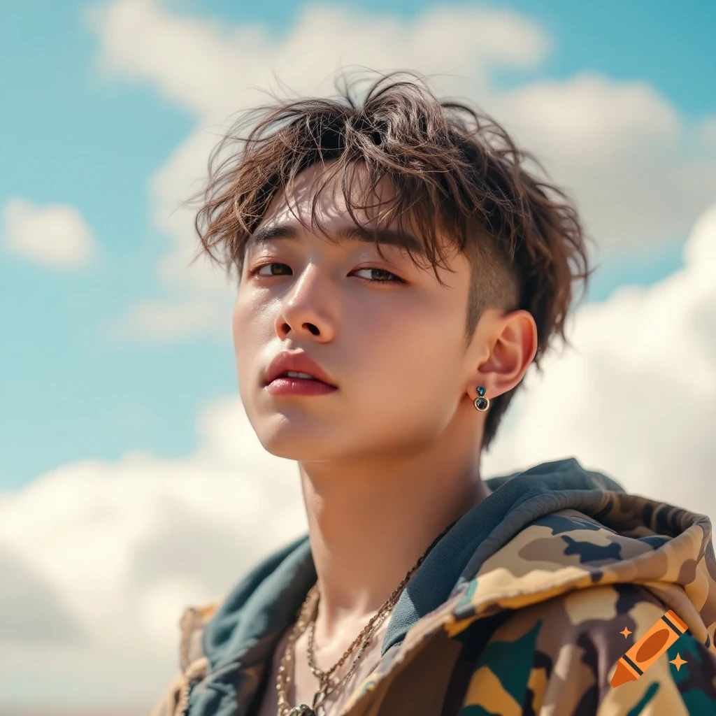 A close-up photorealistic portrait of a young man with messy brown hair and an undercut, wearing a camouflage jacket and necklaces, under a bright blue sky with clouds.