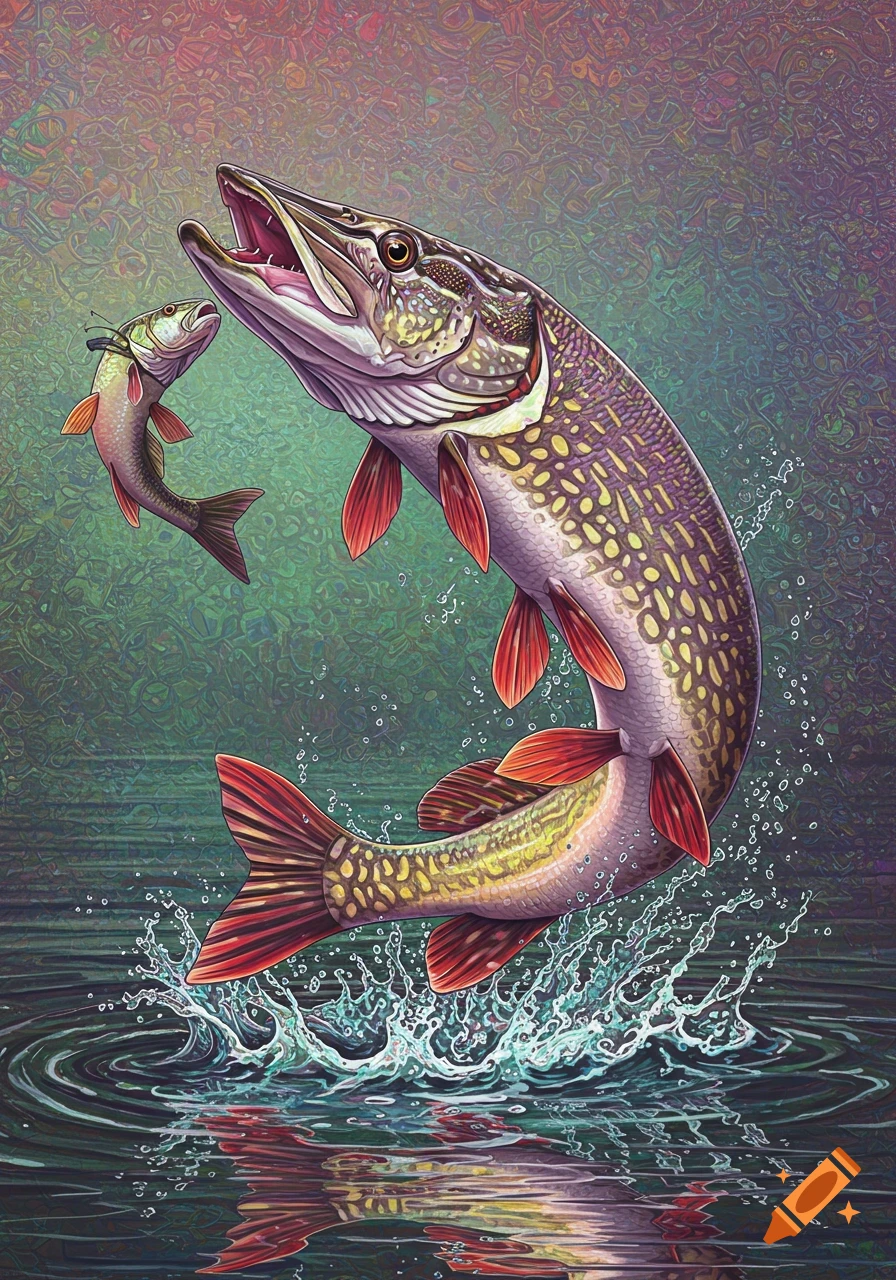 A highly detailed psychedelic fractal illustration of a large pike jumping from water, about to catch a smaller fish.