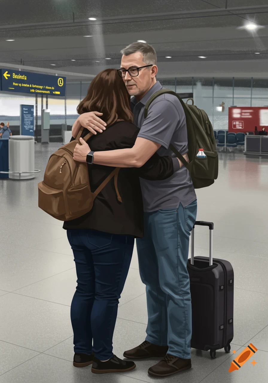 An illustration of a man and a woman embracing in an airport terminal.