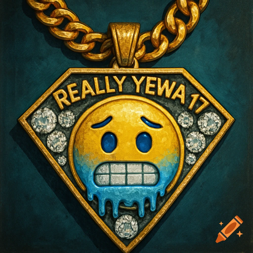 Gold chain with a diamond-shaped pendant featuring a yellow emoji with blue dripping from its face and the text 'REALLY YEWA 17'.