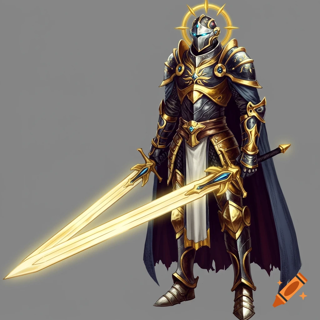 A majestic knight in ornate gold and black armor with a glowing halo and glowing blue eyes, dual-wielding radiant golden swords.