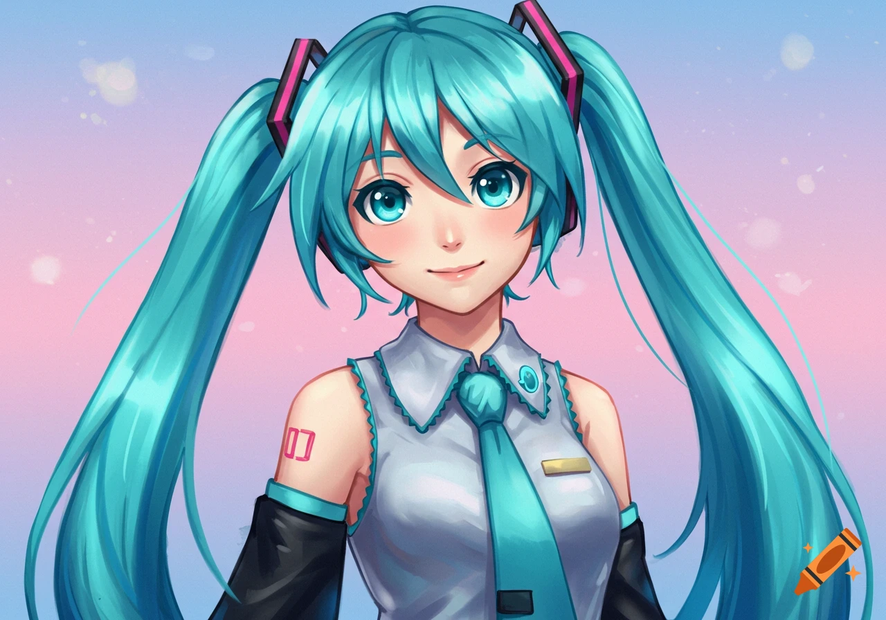 A vibrant anime portrait of Hatsune Miku with blue hair, wearing her signature outfit, against a pastel pink and blue background.