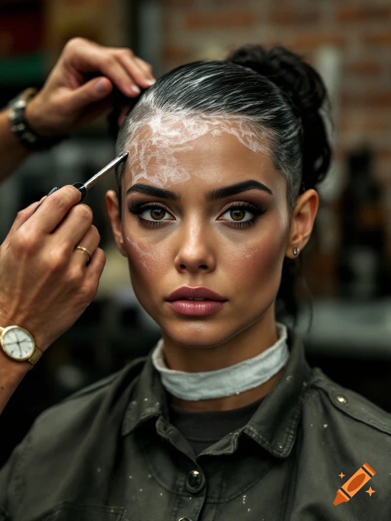 A woman with dark hair and striking eyes looks at the viewer as a hand applies white foam to her scalp with a brush, preparing to shave her head.