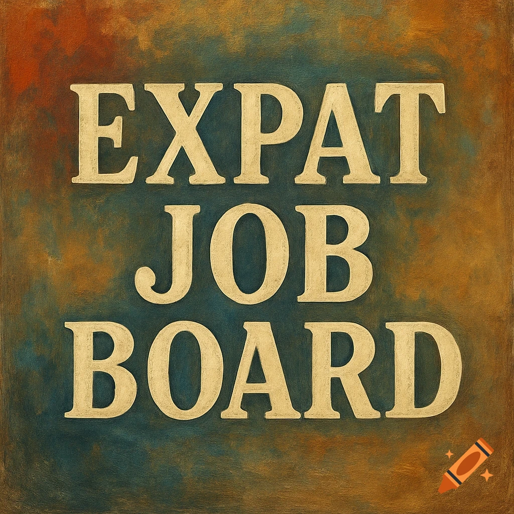The words 'EXPAT JOB BOARD' in beige lettering on a textured, painterly background with shades of blue, green, and rust.
