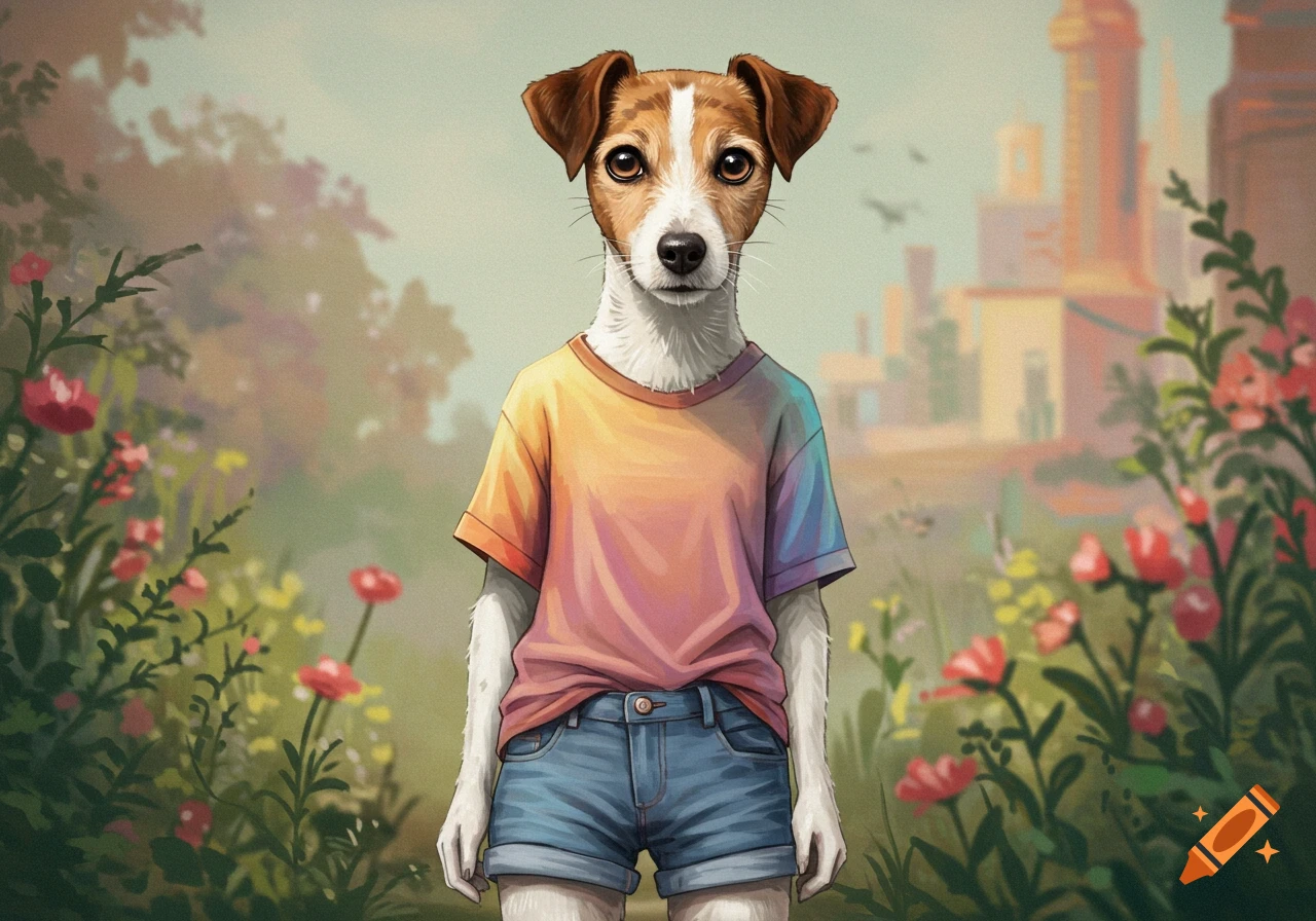 Illustrative anthropomorphic Jack Russell terrier in a colorful t-shirt and denim shorts stands in a flower field with buildings in the background.