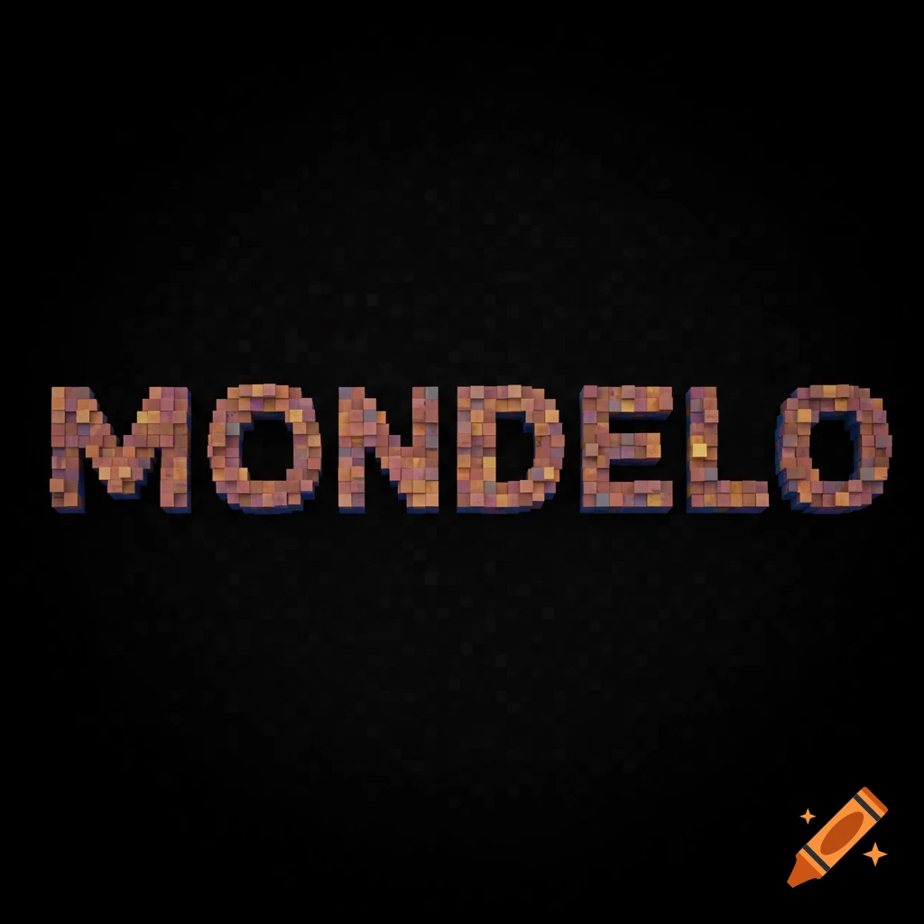 A pixelated, blocky 3D rendering of the word MONDELO on a dark background.