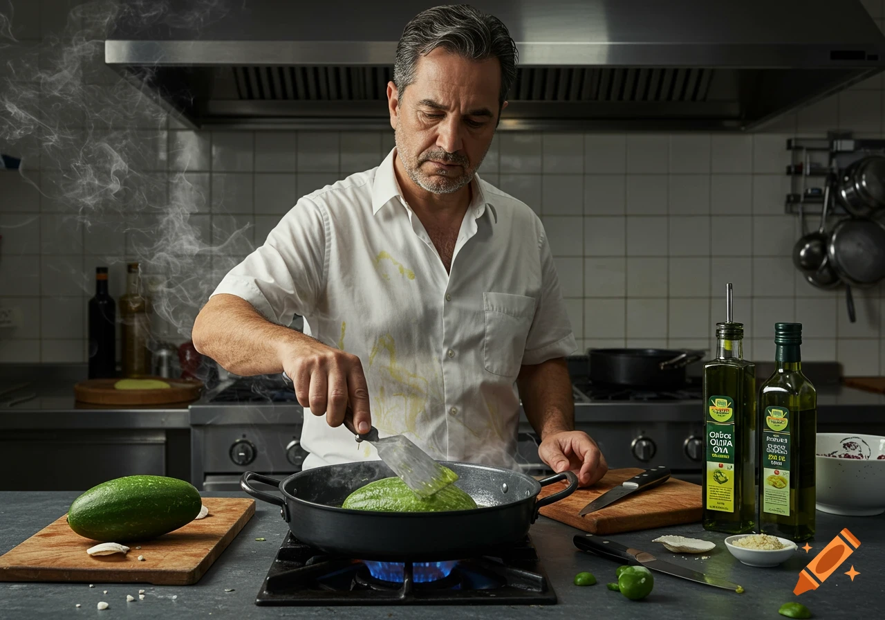 A man in a white shirt cooks a green vegetable in a pan on a stove in a kitchen, with olive oil bottles nearby.