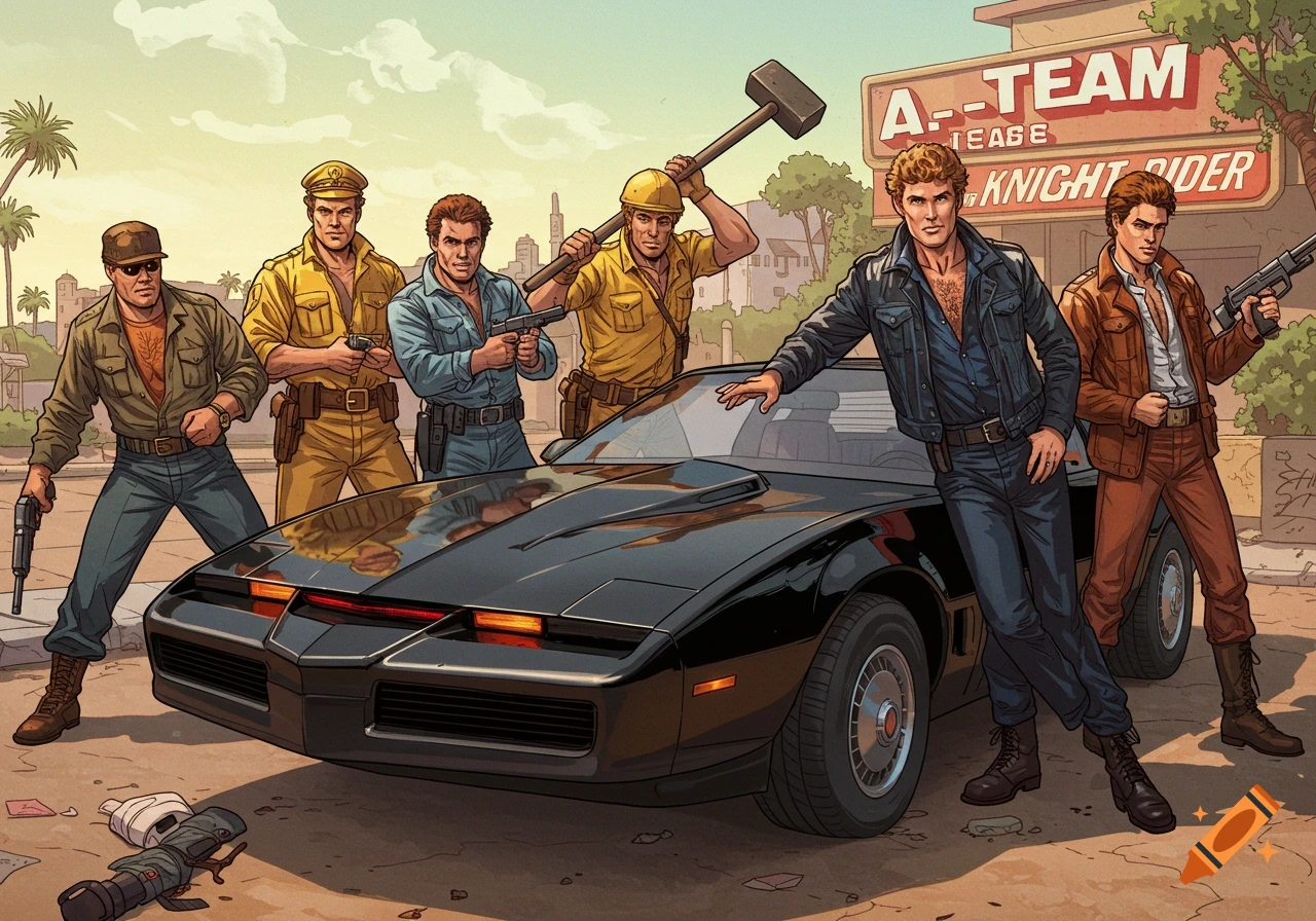 Comic art of five men resembling A-Team and Knight Rider characters posing with a black car (KITT) on a street.