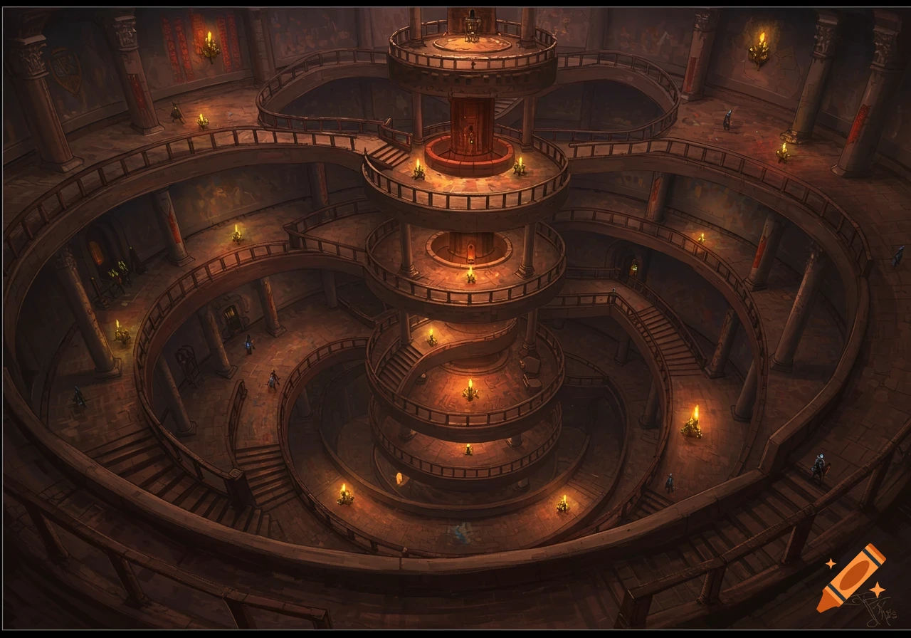 A multi-level spiral dungeon with a central core, winding stairs, and torch-lit passages in a dark, mysterious setting.