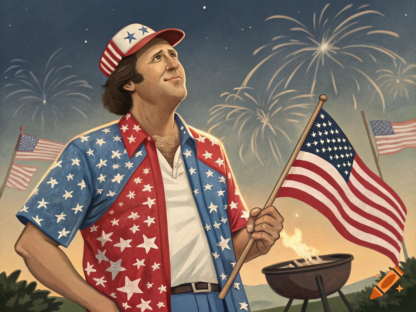 An illustrated man resembling Chevy Chase celebrating 4th of July, holding an American flag with fireworks and a grill in the background.