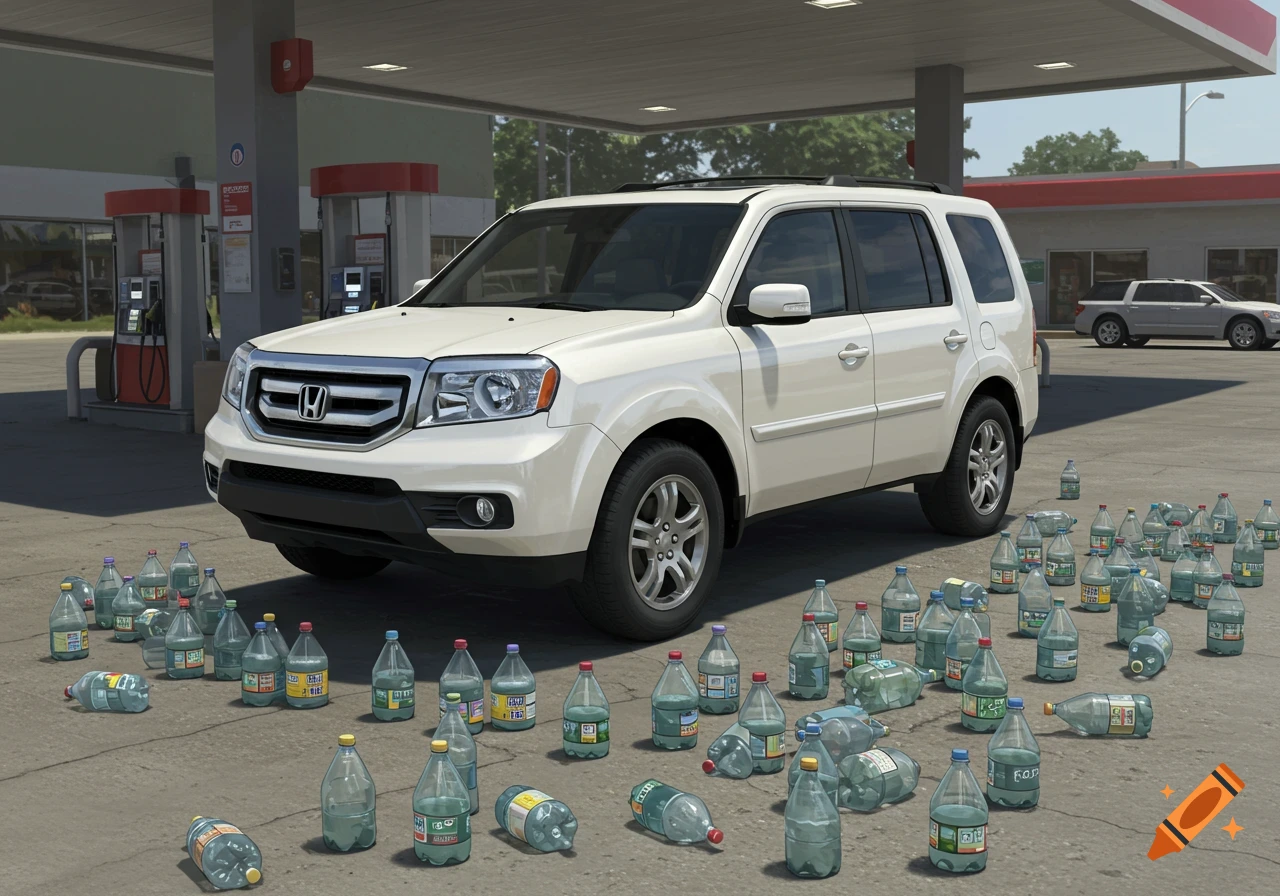 A white 2012 Honda Pilot SUV parked at a gas station with many green bottles filled with liquid scattered on the ground.
