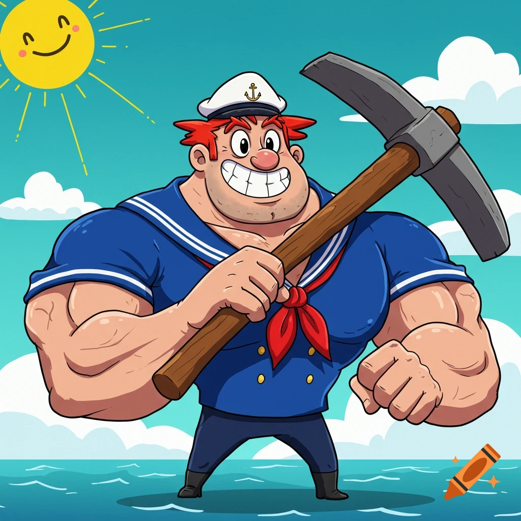 A muscular, smiling cartoon sailor with red hair and a white hat holds a pickaxe over his shoulder, standing in blue water under a happy sun.