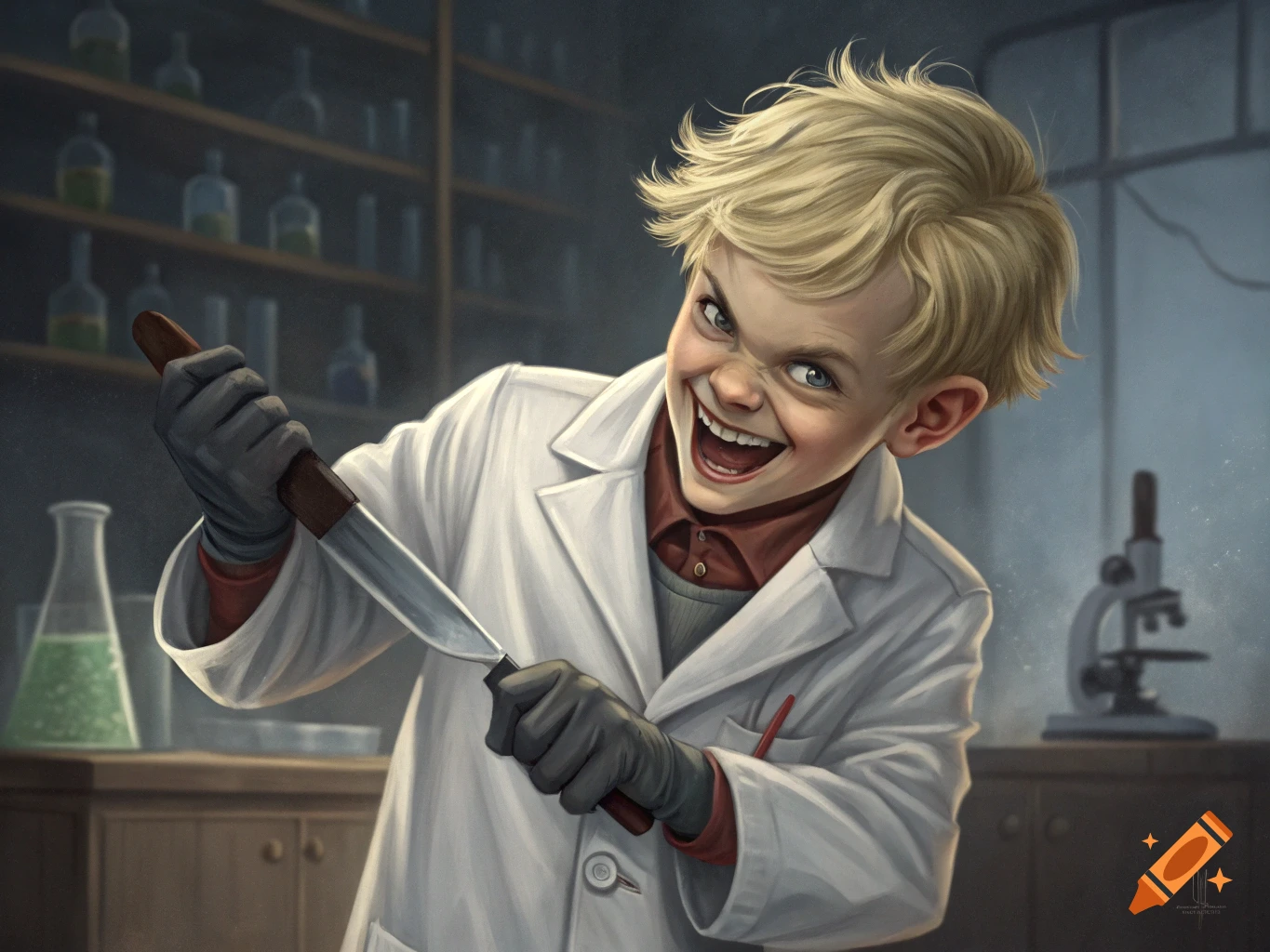 A blonde boy in a white lab coat with an evil grin holds a knife in a science lab, rendered in a character art style.