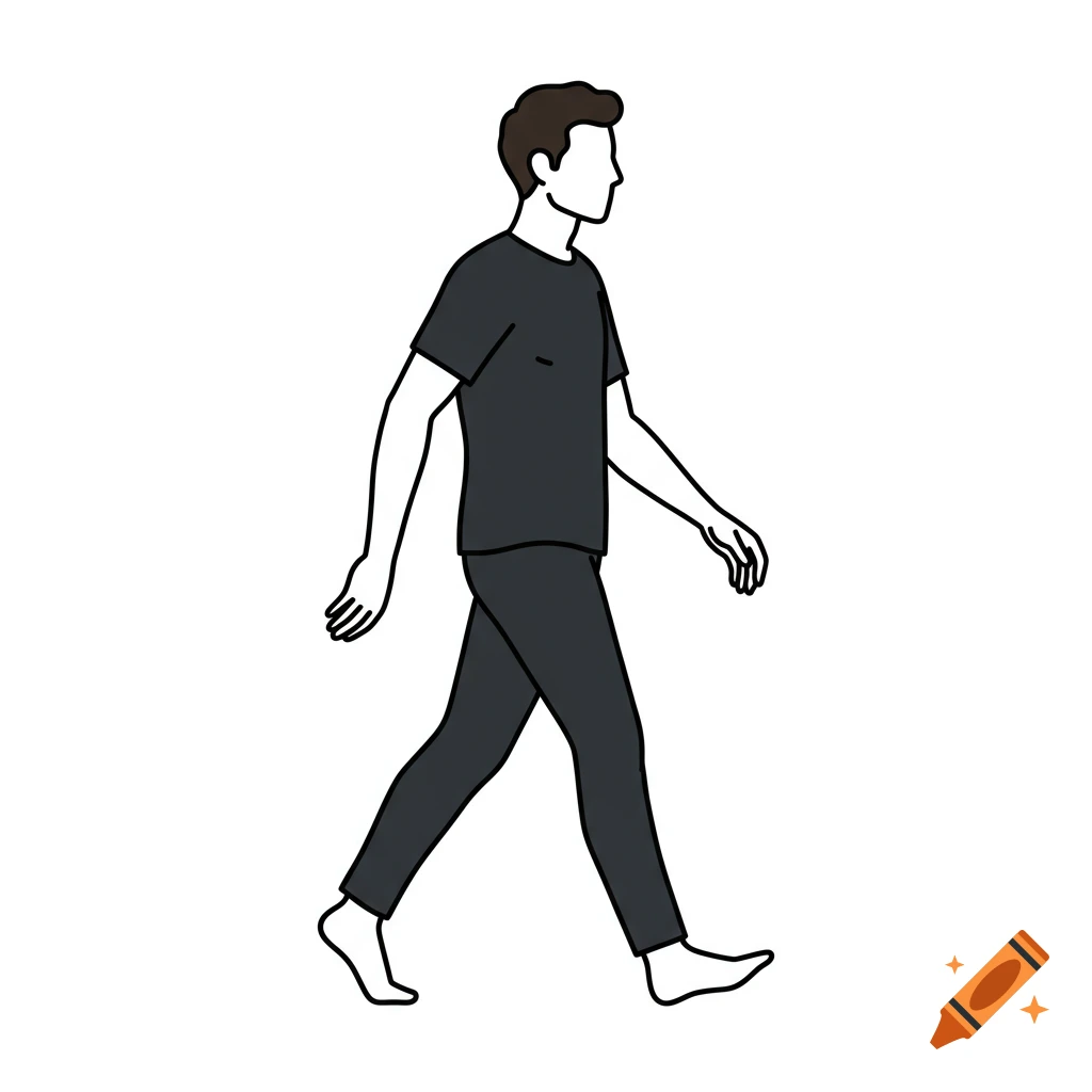 A vector illustration of a person walking, seen from the side, wearing dark clothing.