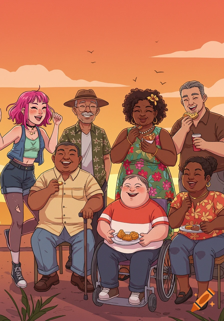 An animated illustration of a diverse group of friends of different ages, ethnicities, and abilities, happily eating outdoors.